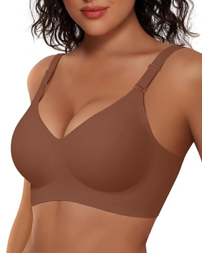 Vertvie Womens Wireless Jelly Bras No Underwire Push Up Seamless Bra Supportive Full Coverage Bralette Regular and Plus Size(Brown,Large)