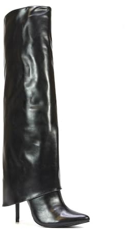 ESSEX GLAM Women's Foldover Knee High Boots Ladies Stiletto Pointed Toe Zip Black Faux Leather Classic Party Long Shoes Size 6