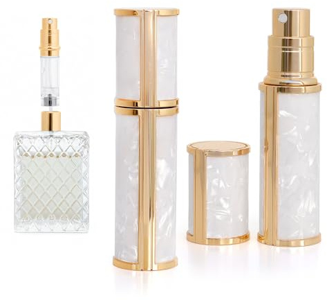 Ms Lovely Pearlescent Travel Perfume Atomizer Bottle – 5ml Refillable Mini Spray for Purse, TSA Approved Portable Fragrance Dispenser (White and Gold)