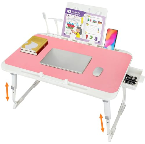 Laptop Bed Table Adjustable Height Lap Desk with USB Port Fits 17 Laptop | Foldable Laptop Desk 23.6 x15.7 with USB Charge Port, Desktop Card Slot, Side Drawer, Portable Lap Table for Bed Working
