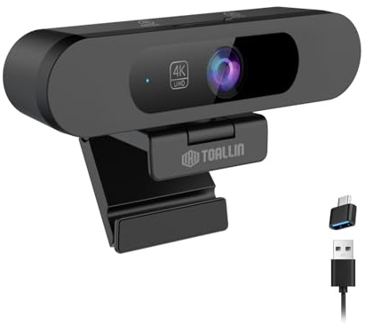 TOALLIN Cámara Web 4K para PC, Autoframing IA, WDR/HDR, Imagen en Imagen, micrófonos duales Integrados, Zoom Digital de 5X, Webcam de 92° para conferencias, Streaming y videollamadas
