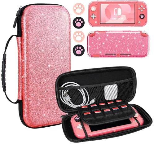 DLseego Pailleté Étui de Transport Compatible avec Switch Lite,Pétillant Portable Jeux de Voyage Sacoche de Transport avec Souple Coque de Protection et 4PCS Capuchon Poignée Pouce,Kit Rouge