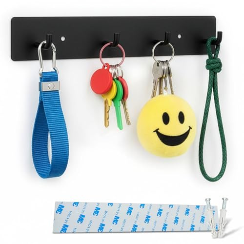 KT Deals Key Holder Wall Mount Key Rack, Hanging Keys Hanger Hooks for Wall-Mounted Black Rail with 4 Hooks Storage Organizer Home Decor, Self Adhesive no Drill or Screws