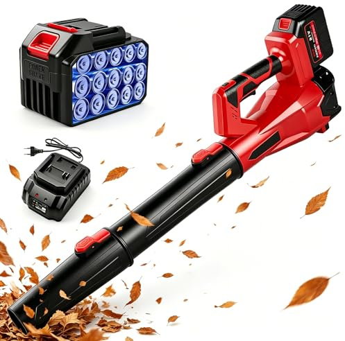 Uadme Soffiatore a Batteria 200km/h, 21V Soffiatore Foglie Elettrico Senza Filo con Batterie 1,3Ah, 6 Velocità, Max 21000RPM, 61m³/min, per Cura del Giardino, Vialetto, Foglie, Polvere e Neve