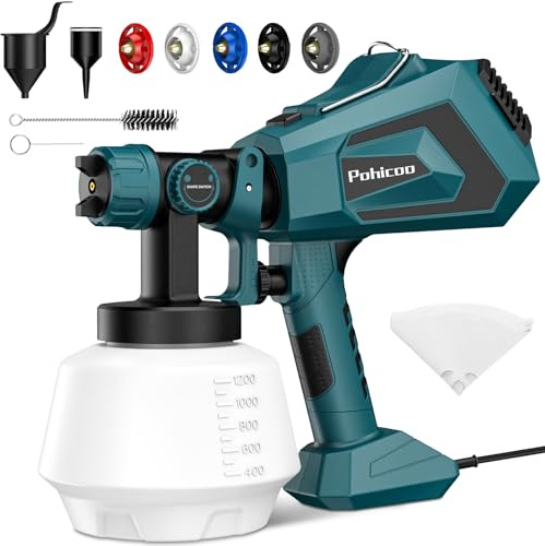 Pistola per Verniciare Elettrica, 700W Pistola a Spruzzo per Verniciare, 1200ML HVLP Pistola Vernice a Spruzzo con 5 Ugelli e 3 Modelli, Pistola Spruzzo per Vernice (verde)
