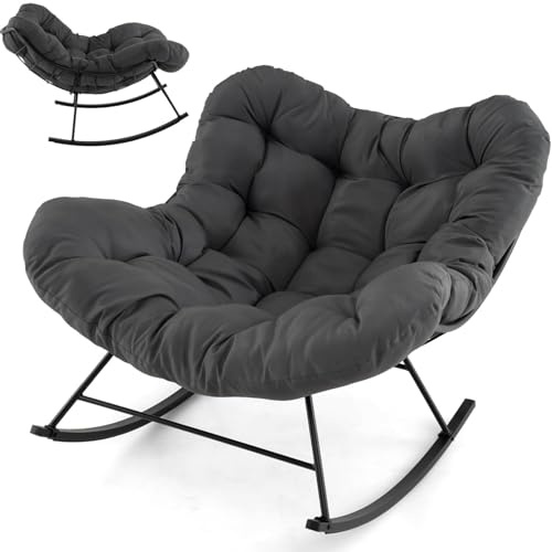 SFAREST Patio Rocking Chair, Outdoor Comfy Rocking Egg Chair with Thick and Removable Cushion, Oversized Patio Lounge Chairs for Living Room Balcon Yard Porch Sun Lounge (Dark Grey)