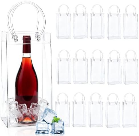 VETOLAKA 15 stycken flaskkylare ispåse: 10 x 25 x 10 cm transparent champagnekylare, PVC ispåse flaskkylare, läckagesäker iväska med handtag för kall öl, vin, drycker, fest, utomhus, camping