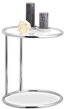 Relaxdays runt sidobord, metallstativ, glasplatta, vardagsrumsbord, dekoration, designerbord, HxD 53 x 45 cm, silver