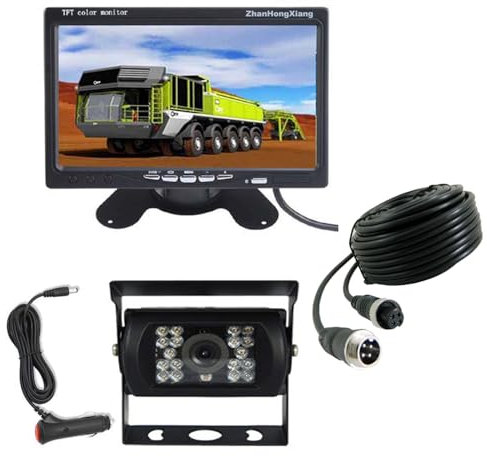 Vehicle Reversing Camera 7 Monitor Kit,4 Pin 18LED IR Night Vision Waterproof Rear View Mirror Camera System + 7 inch Car LCD Screen 12V-24V With 15m Cable For Bus Truck Trailer RV Motorhome