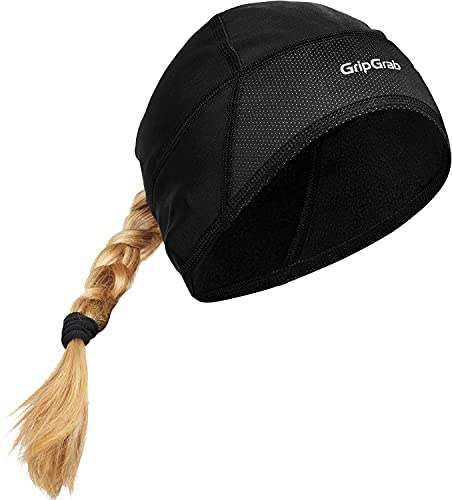 GripGrab Unisex – vuxen Zopfloch vinter cykel underhjälm mössa med vindtät panna lätt tunn termisk ponytail cykling skalle mössa underhjälmmössa, svart, S (54–57 cm)