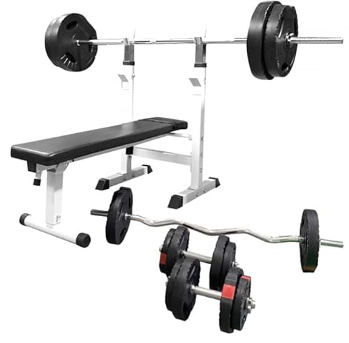 GORILLA SPORTS® Hantelbank - mit Ablage und Dip-Station, inkl. Langhantelset 100 kg, Verstellbare Höhe und Neigungswinkel, Klappbar - Drückerbank, Flachbank, Multifunktion, Trainingsbank (Weiss)