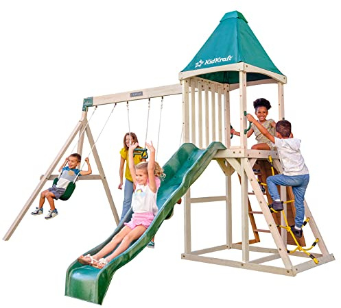 KidKraft Emerald Aire de Jeux en Bois avec Toboggan d'Extérieur, Balançoire, Mur d'escalade et Bac à Sable pour Enfants, F29550E, Exclusivité sur Amazon