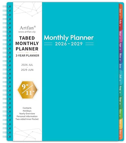 2026-2029 Monthly Planner/Calendar - 3 Year Monthly Planner 2026-2029, Jul.2026 - Jun.2029, 9 x 11, 36-Month Calendar + Colorful Tabs + Pocket - Teal