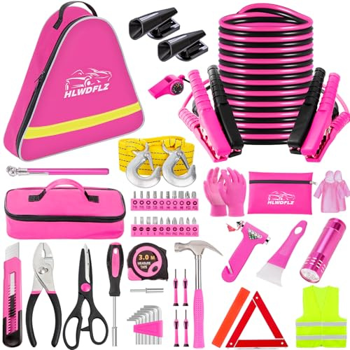 HLWDFLZ Bil Roadside Emergency Kit - Rosa assistans med bygelkablar, Auto Repair Tool Set, Deer Whistles, vinter säkerhetsassistent för tonårsflickor och damer