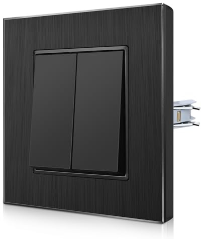 CNBINGO Aluminium Lichtschalter mit Spannkrallen - Licht Schalter Unterputz mit Rahmen aus Aluminium - Kratzfest Wippschalter - Schwarz Einbauschalter - 2 Fach 1 Weg Wandschalter