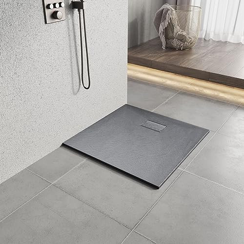 Heilmetz Plato de ducha 80x80x2,6cm Plato de ducha de cristal efecto piedra-ReSine SMC para mamparas de ducha,Gris