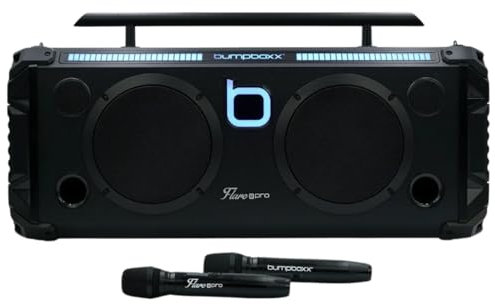 Bumpboxx Bluetooth Portable Speaker Boombox Flare8 Pro Black | Retro Boombox with Bluetooth Speaker | Rechargeable Lithium Battery | Includes 2 Wireless Microphone, Carrying Strap & Remote Control