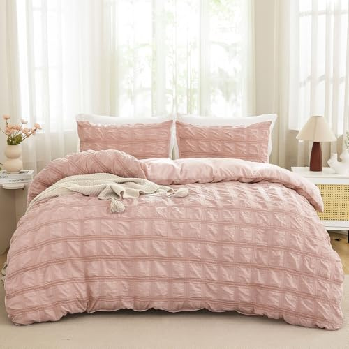 Fondream Rosa Seersucker påslakan king size pompom tofsar design sängkläder set texturerat bäddset med dragkedja (rosa, kung)