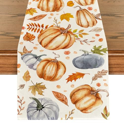 Kürbisse Blätter Herbst Tischläufer Ahornblätter Tischdekoration, Waschbar Saisonnal Küche Esstisch Dekoration für Drinnen Draußen Herbstdeko Thanksgiving Erntedankfest Bauernhaus Dekoration 40x140cm