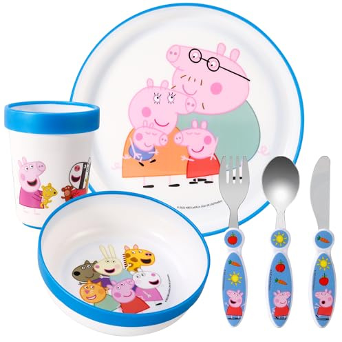 Peppa Pig Kids 6 Piece Reusable Dinner Set - Plate/Bowl/Cup/Knife/Fork/Spoon - Childrens Dinnerware Tableware Cutlery Set