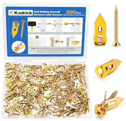 Kadrick 200Pcs Self Drilling Drywall Anchors with Screws，Zinc Plated Steel,2025 Upgraded Hollow Wall Anchors and Screws Kit, Easy Application No Drill or Holes in Wall(100 Anchors and 100 Screws)