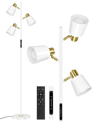 OUTON Lampada da Terra LED Dimmerabile con Telecomando e Controllo Touch, 36W 2700LM, 4 Temperature di Colore, 3 Luci Rotanti, Lampade da Terra moderna per Soggiorno, Camera da Letto, Ufficio, Bianco