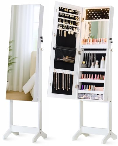 LUXFURNI LED Light Mirror Jewelry Cabinet Standing Jewelry Armoire, 60 Full Length Mirror with Storage, Built-in Makeup Mirror, 3 Adjustable Angles, Lockable Jewelry Mirror Organizer, White