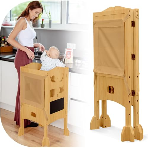 Torre de Aprendizaje Desde 1 año – Torre Plegable con Red de Seguridad de 360° – Learning Tower Extremadamente Estable y Robusta – Entrega preensamblada con protección antivuelco (Madera)