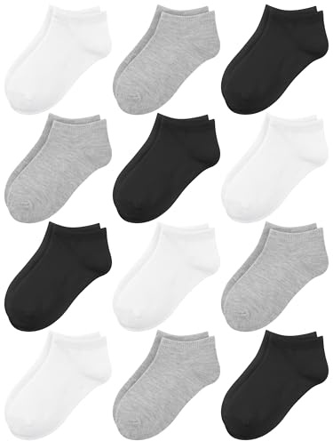 Cooraby 12 Pairs Toddlers Low Cut Ankle Socks for Boys Girls - Sneaker Socks for Children -Black White Gray Trainer Socks - for 1-7 Years Boys Girls School Short Socks