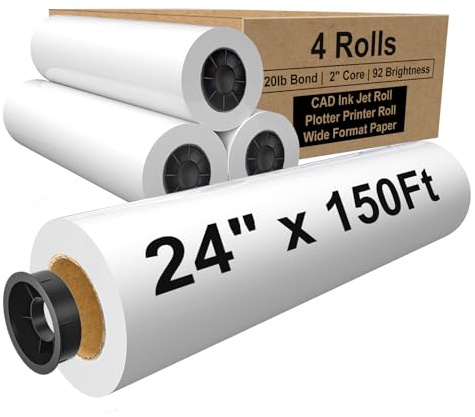 PAPRMA 24 x 150ft Wide Format Paper 2 Core, White Plotter Paper CAD Bond 4 Rolls