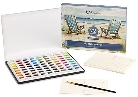 Mikkelhus Professional Watercolor Paint Set – 72 Colors and 20 Blank Postcards