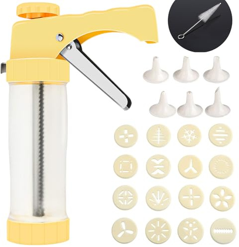 Cookie Press, Spritz Cookie Press for Baking, Thicken Cookies Press Gun Kit with 16 Discs and 6 Icing Tips, Suitable for DIY Cookies Maker and Cake Icing(Yellow)