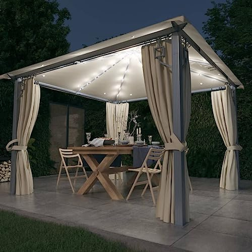 HETFTJN Tonnelle de jardin 300 x 300 cm - Structure en aluminium et acier - Crème - Avec guirlande lumineuse LED et rideaux - Robuste - Pour barbecue, fête, camping, extérieur, terrasse, balcon