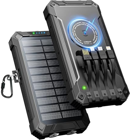 Power Bank Solar 26800mAh con 4 Cables, Batería Externa Cargador Solar Inalámbrico USB-C 15W Carga Rápida 6 Salidas 3 Entradas para Teléfono, Cargador Solar con Linterna, Mosquetón