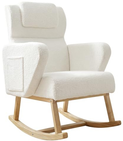 Yvsevnr Silla Mecedora con Reposabrazos Ergonómica Sillón Relax con Respaldo Acolchado Alto, Almohada, Patas de Madera, Bolsillo Lateral, Carga 136 kg, Sillon Lectura para Dormitorio, Salón, Beige