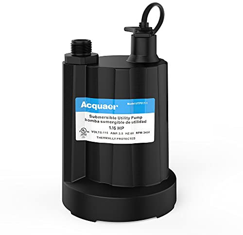 Acquaer Submersible Water Pump 1/6 HP Sump Pump Thermoplastic Utility Pump Small Electric Water Pump 1750GPH Water Remove for Basement Hot Tubs Garden Pool Cover Draining with 10 ft Cord