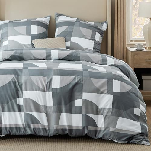 BEDSURE Ropa de cama de 200 x 200 cm, funda nórdica de 3 piezas, juego de ropa de cama de 200 x 200 cm con 2 fundas de almohada de 80 x 80 cm, ropa de cama reversible Oeko-Tex, diseño geométrico gris