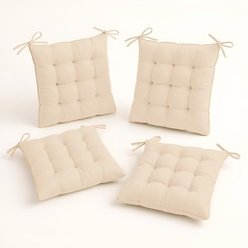 Déco Arts Coussin de Chaise - Lot de 4 Coussins Carrés avec Attaches pour Chaises Intérieur ou Extérieur - Polyester 65% & Coton 35% - Galette Certifiée Oeko-TEX - 40 x 40 cm, 380 g, Beige
