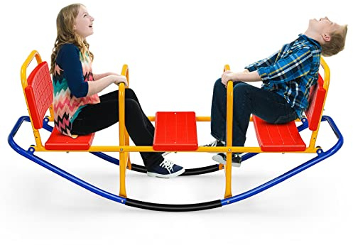 HONEY JOY Kids Seesaw Teeter Totter, 3-Person Heavy Duty Metal Playground Equipment for Backyard, Indoor Outdoor Rocking Fun for Toddlers Boys Girls Age 3-8, Teeter Totter for Kids Outdoor(Red)