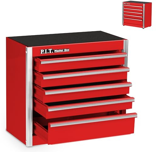 P.I.T. Mini Rot Werkzeugkasten, Tragbare 5 Schubladen Micro Roll Cab Stahl Werkzeugkoffer mit Liner, Rot Kleiner Werkzeugkoffer für Werkzeuge Aufbewahrung, Home DIY