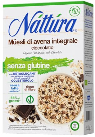 NATTURA Muesli di Avena Integrale con Cioccolato Bio, Muesli Senza Glutine e Senza Lievito, Ricco di Fibre e Senza Olio di Palma, Prodotto Vegano Senza Latte, Confezione da 300 g