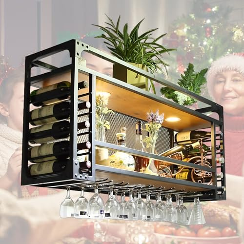 Estante de Vino Montado en la Pared, Botellero de Metal para la Pared con Portavasos, Soporte de Copa de Vino Suspendido para Botellas de Metal, para Bar, Comedor, Cocina, Cafetería (negra, 120cm)