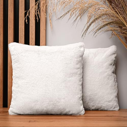 MG Design Lot de 2 Housses de Coussin 35 x 35 cm Argenté – Fausse Fourrure à Long Poil, Ultra Douces et décoratives pour canapé et Salon