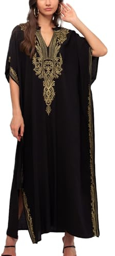 YouKD Broderad blommig rymlig kaftan boho strand bikini täcka upp klänning plusstorlek rock för kvinnor, Bsvart, one size