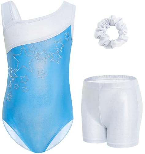 Gogokids Tredelade gymnastiktrikåer för flickor, långärmade, set med shorts och hårband, glittrande, balettdans, dräkter – gymnastikdräkt med tonad färgdesign för 3–12 år, blå vit, 100(90-100 cm,3-4Y)