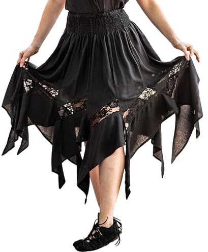 Leonardo Carbone® Damkjol häxkjol Selena | elastisk midja | asymmetrisk fåll | karneval, halloween, cosplay, LARP, medeltid, gotisk, kostym | 100 % viskos, svart, XXL