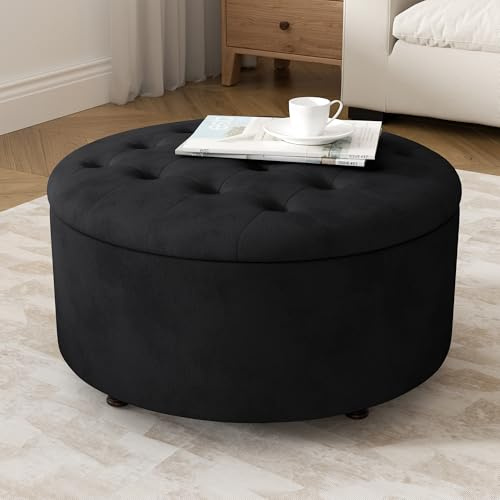 YUUIJOAA 30 Inch Round Storage Ottoman,Modern Tufted Ottomans,Circular Coffee Table with Removable Top,Upholstered Large Ottoman with Storage Footrest Stool for Bedroom Living Room (Black)
