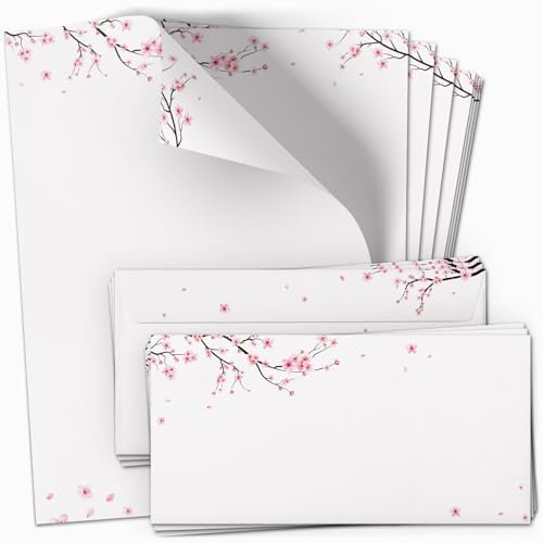 10 Briefpapier und Briefumschlag SET | Kirschblüte rosa | Papier und Umschlag mit Design-Motiv bedruckt | 90 g/m²