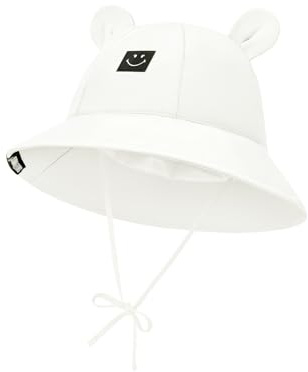 Century Star Baby solhatt för flickor och pojkar med 3D-björnöron | Justerbar babyhatt med sött leende för flickor 1–3 år | mjuk lekplats utomhushatt, Vit, M