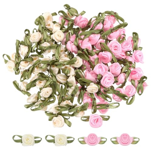 QUARKZMAN 100 stycken beige/rosa konstgjorda minirosetter blommor 12,7 x 1–3/16 mini rosor rosetter rosor med blad tygblommor satinband för sömnad förpackning applikationer pyssel bröllop